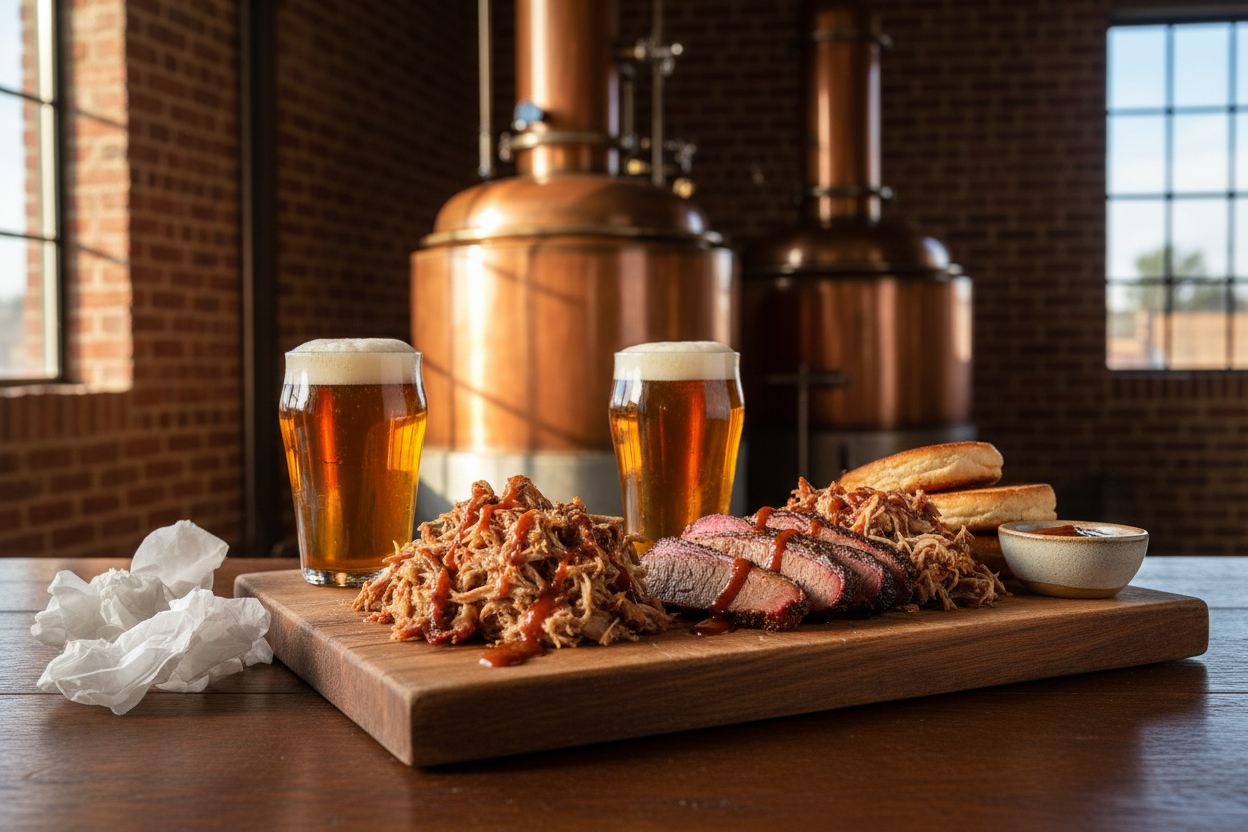 Natural BBQ and craft beer spread inside an Atlanta distillery