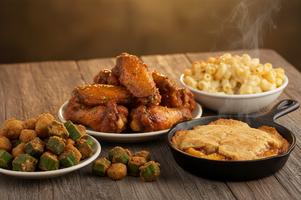 Soul food spread with lemon-pepper wings, mac and cheese, and fried okra in mixed shades on a rustic table