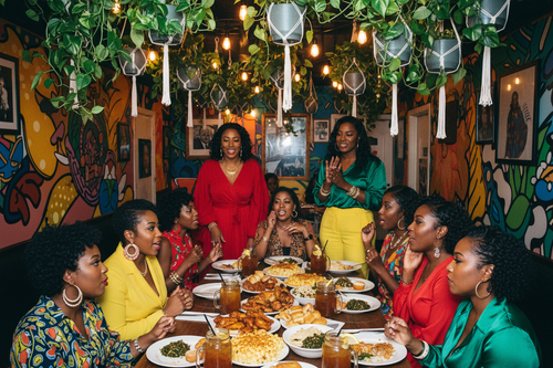 Stylish Black women in colorful outfits enjoying soul food in Atlanta