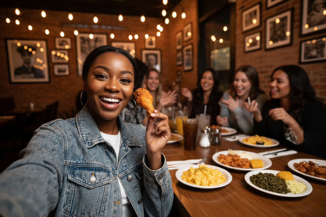 Woman taking a selfie with a lemon pepper wing at a soul food restaurant in Atlanta