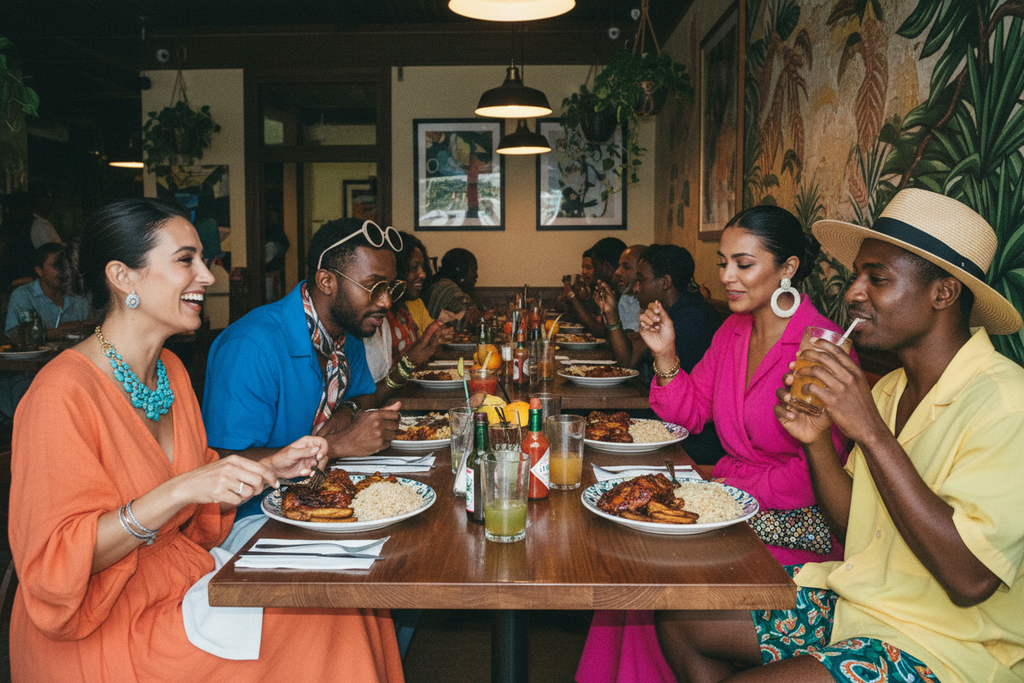 Stylish tourists enjoying bold Caribbean food at a lively casual restaurant