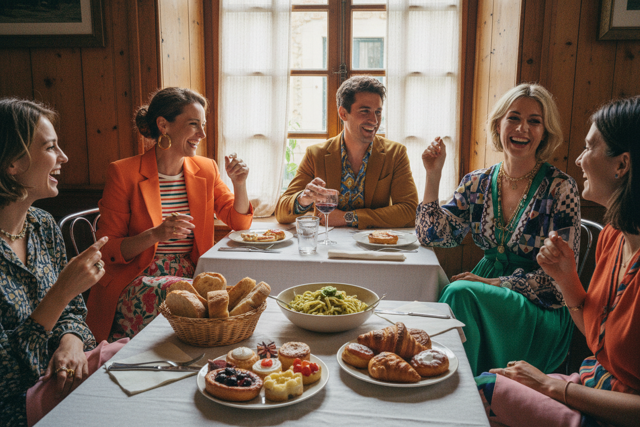 Chic stylish tourists enjoying European bistro food with artisan bread and pasta