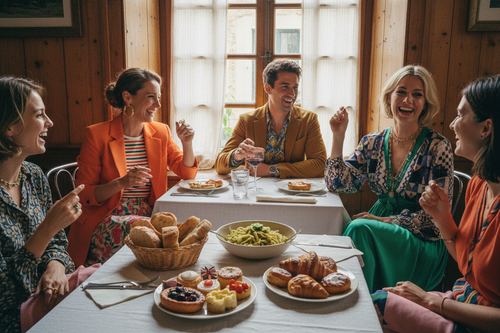 Chic stylish tourists enjoying European bistro food with artisan bread and pasta