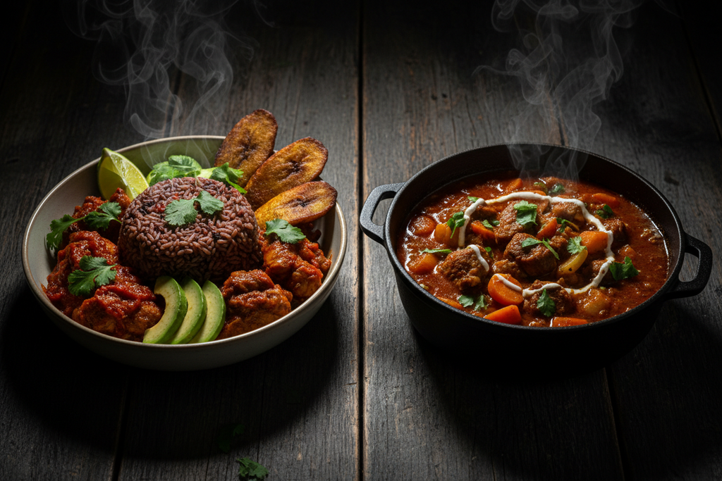 Dramatic cinematic face-off between Haitian and South African dishes on a dark rustic table
