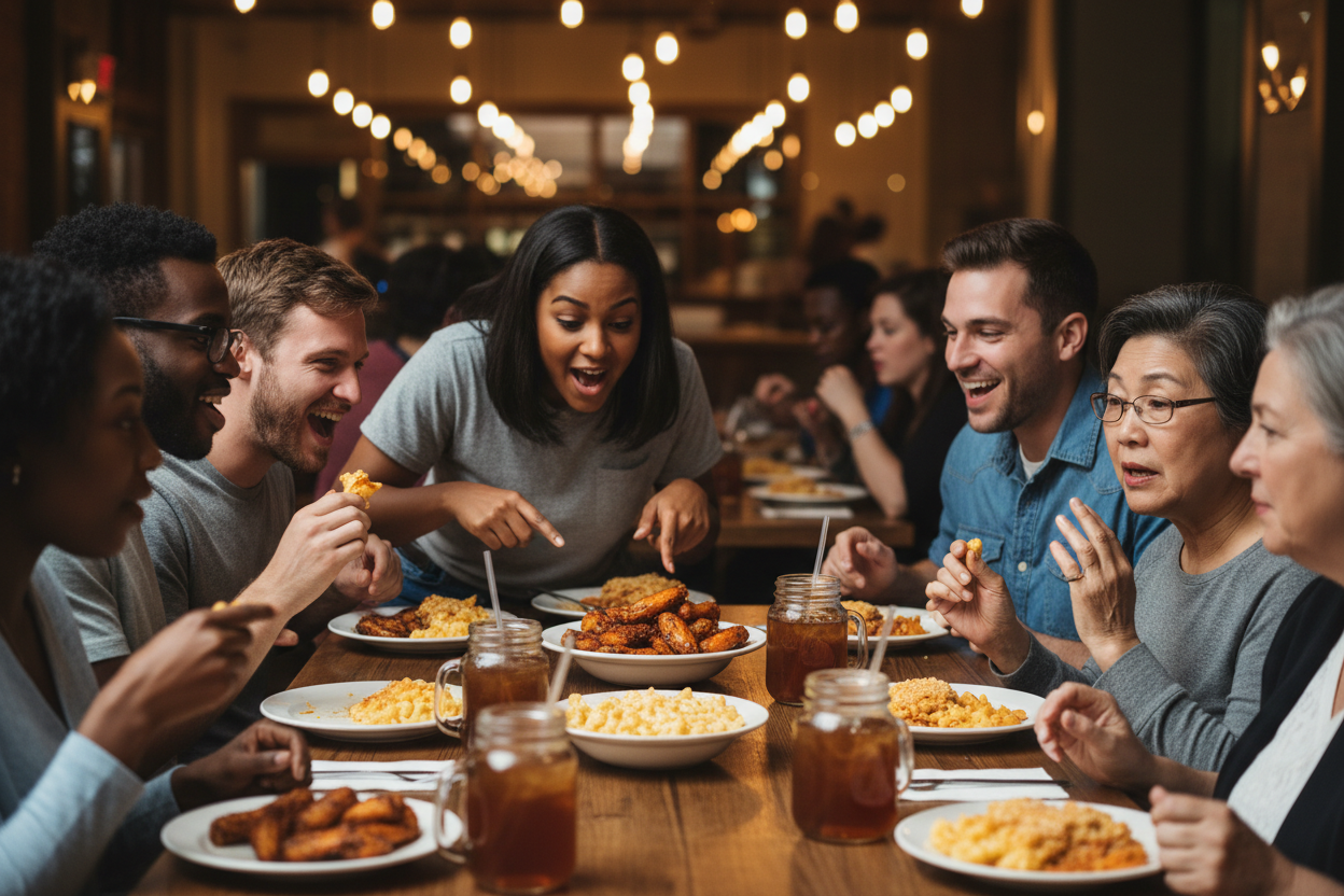 Diverse group of people enjoying soul food together in Atlanta